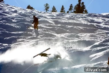 A humorous image of a person comically falling while skiing, skis flailing wildly in the air.