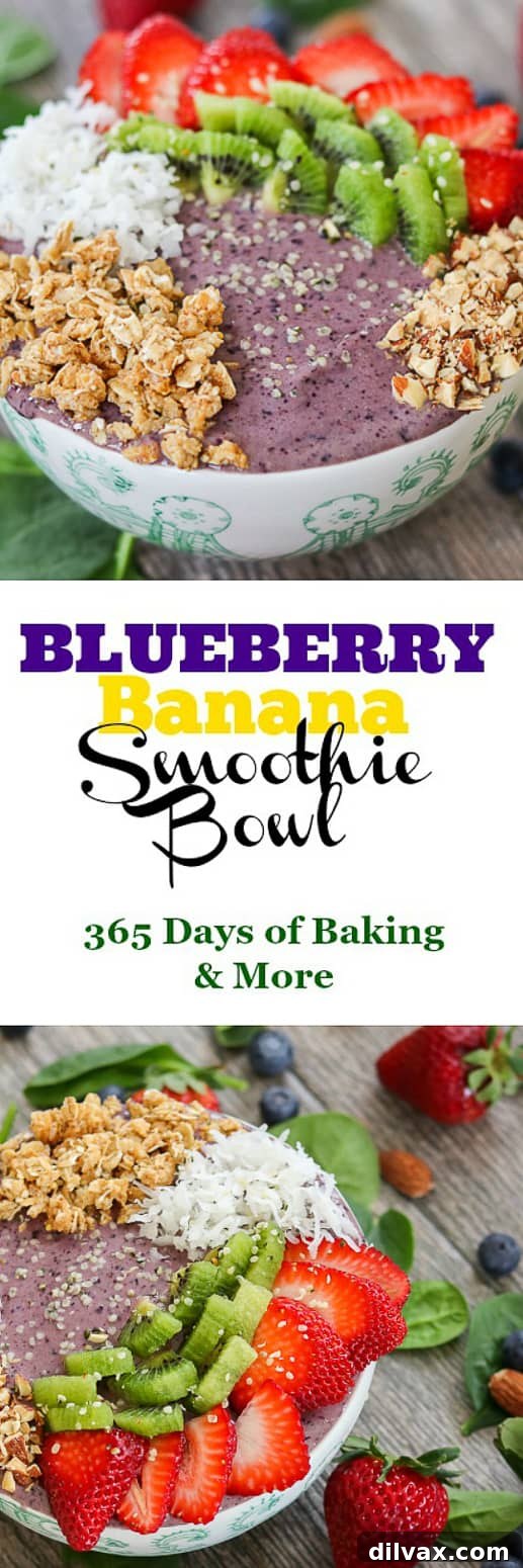 Blueberry Banana Smoothie Bowl with fresh strawberries, coconut, granola and hemp seeds. Close-up of a Blueberry Banana Smoothie Bowl garnished with vibrant fresh strawberries, toasted coconut flakes, crunchy granola, and nutritious hemp seeds, ready to be enjoyed.