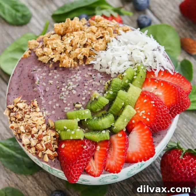 Blueberry Banana Smoothie Bowl A beautifully prepared Blueberry Banana Smoothie Bowl, showcasing its creamy texture and vibrant color, ready to be customized with toppings for a healthy and satisfying meal.
