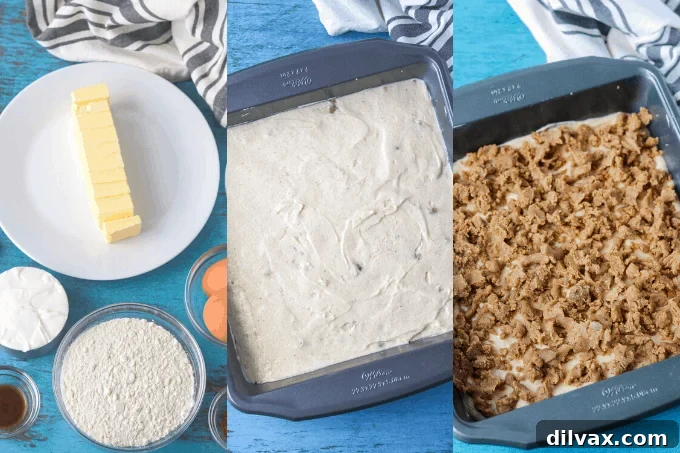 Classic Sour Cream Crumb Cake 6 Process shots of making Sour Cream Coffee Cake, showing batter and streusel preparation.