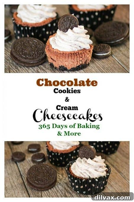 Two enticing views of Chocolate Cookies and Cream Cheesecakes, highlighting their rich texture and elegant presentation.