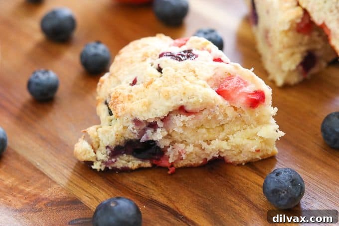 Moist Mixed Berry Scones with Fresh Strawberries and Blueberries Moist Mixed Berry Scones made with fresh strawberries and blueberries, perfectly baked and ready to serve.