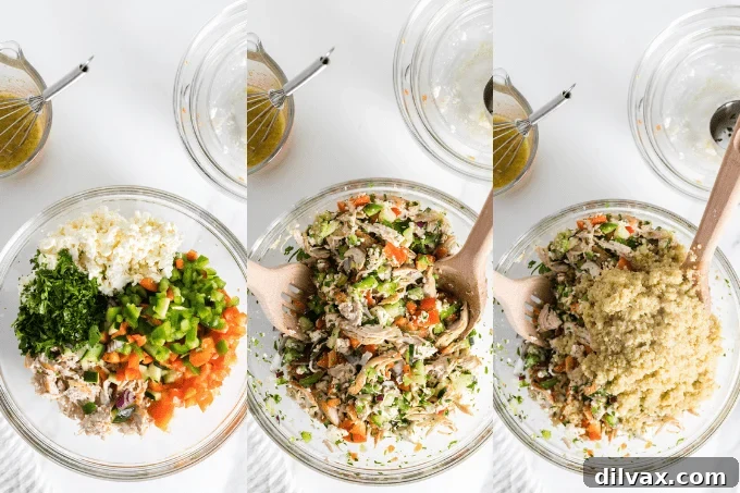 Step-by-step process images for preparing a Greek Quinoa Chicken Salad, showing mixing of ingredients.