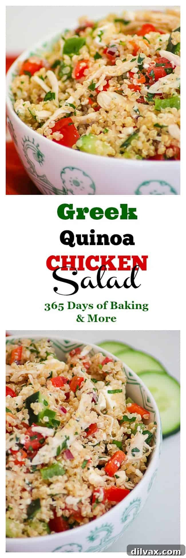 A large serving of Greek Quinoa Chicken Salad with rotisserie chicken, quinoa, feta cheese, bell peppers, cucumber and a lemon vinaigrette, ready to eat.
