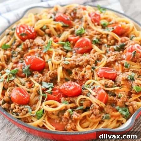 Linguine, tomatoes, sweet Italian sausage, basil, chicken stock and more make this One Pot Sausage Linguine easy to serve in less than 30 minutes.