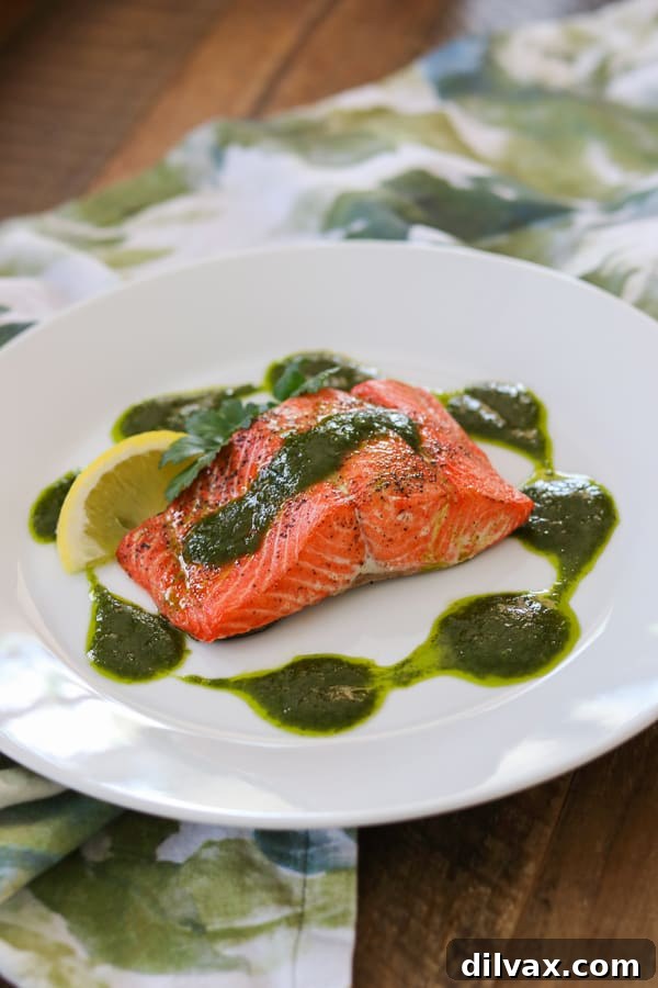 A close-up of a roasted salmon fillet crowned with a vibrant chimichurri sauce, showcasing its fresh ingredients like parsley, cilantro, olive oil, and cumin.