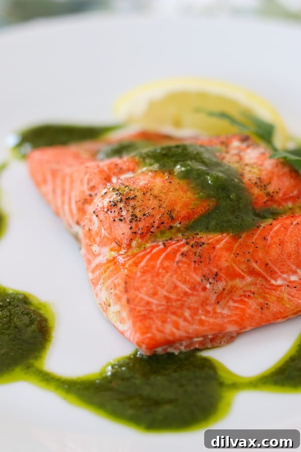A close-up shot of a chimichurri salmon fillet, emphasizing the rich flavors and quick preparation time of less than 15 minutes for a delicious dinner.
