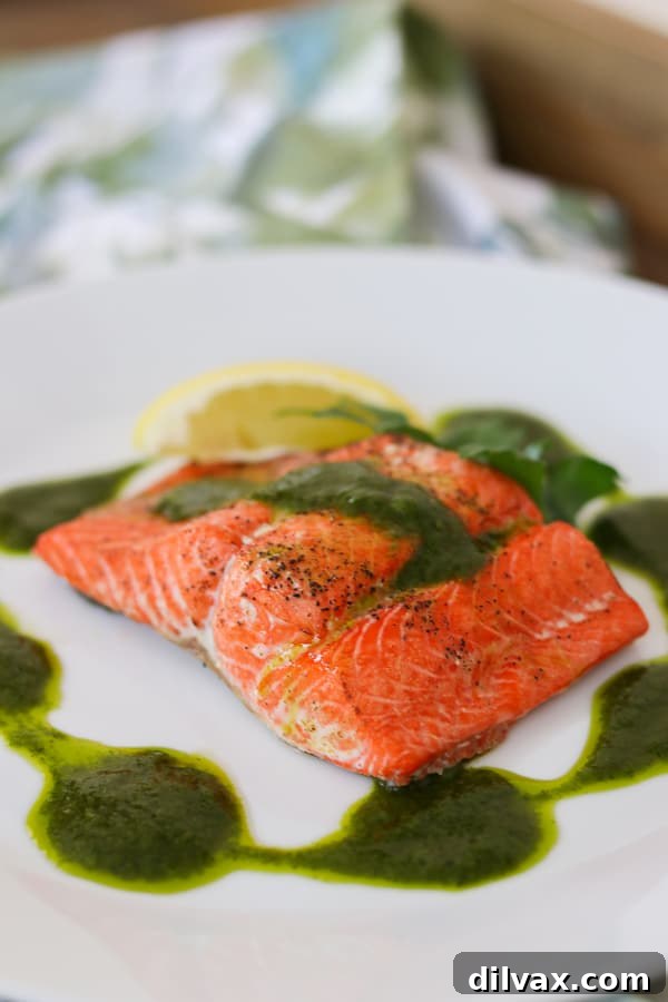 A close-up of a beautifully roasted salmon fillet, lightly seasoned with olive oil, salt, and pepper, and generously crowned with a vibrant chimichurri sauce.