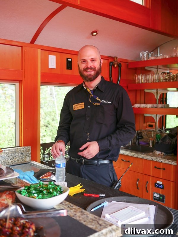 Chris, our tour guide in the Luxury Class car on the White Pass Scenic Railway, Skagway, Alaska.