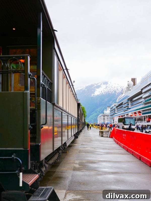 White Pass Scenic Railway next to the cruise ships in Skagway, Alaska.