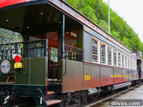 The Luxury Class train car on the White Pass Scenic Railway tour in Skagway, Alaska.