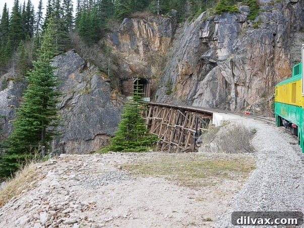 Heading towards a tunnel on the White Pass Scenic Railway in Skagway, Alaska.