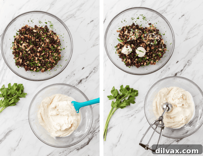 Process Photos for making Cranberry Pecan Goat Cheese Bites.