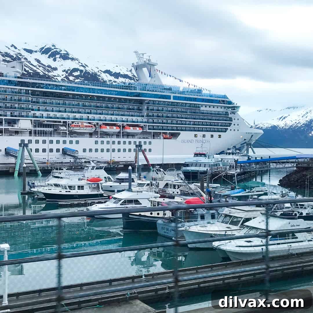 Azure Abyss Elixir 15 The Island Princess cruise ship, part of Princess Cruises, docked in the scenic port of Whittier, Alaska