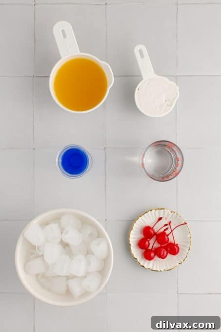 Azure Abyss Elixir 4 Ingredients laid out for a Blue Ocean Cocktail preparation