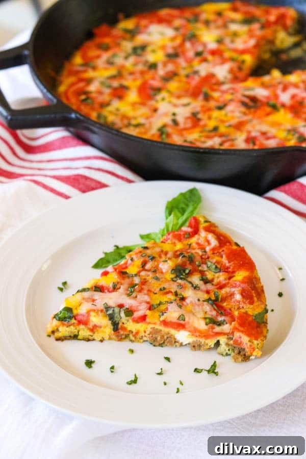 Meat Lover's Pizza Frittata A full Meat Lover's Pizza Frittata, still in its skillet, surrounded by a charming kitchen setting.