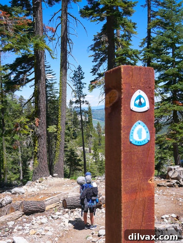 PCT trail marker at Echo Lake, South Lake Tahoe PCT trail marker at Echo Lake, South Lake Tahoe