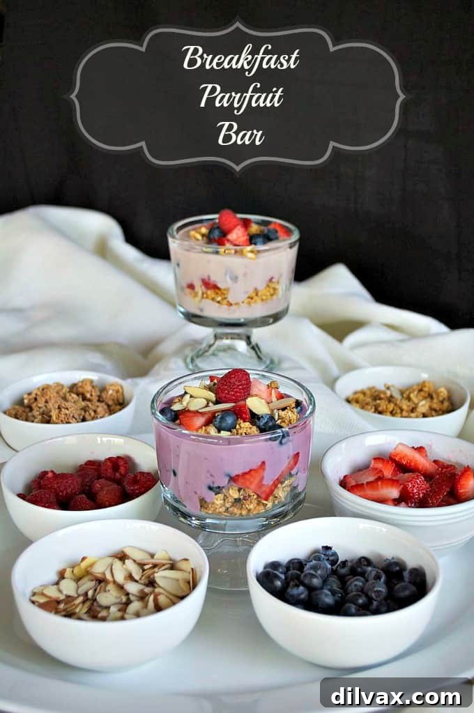Start the every morning off right with this great breakfast - a Breakfast Parfait Bar with ingredients from Silk, Simple Truth and fresh fruit. A vibrant Breakfast Parfait Bar featuring an array of fresh fruits, yogurts, and granolas, perfect for a healthy and customizable morning meal.