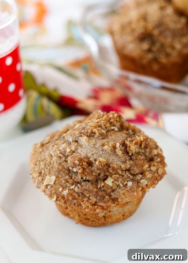 One whole Apple Streusel Muffin on a plate. A single perfectly baked Apple Streusel Muffin on a rustic white plate, ready to be enjoyed with a cup of coffee.