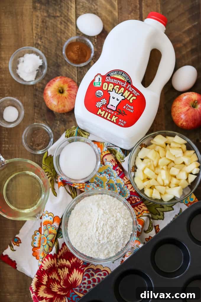 Ingredients needed for Apple Streusel Muffins, including Shamrock Farms Organic Milk. A selection of fresh ingredients needed for Apple Streusel Muffins, prominently featuring a carton of Shamrock Farms Organic Milk and ripe apples.