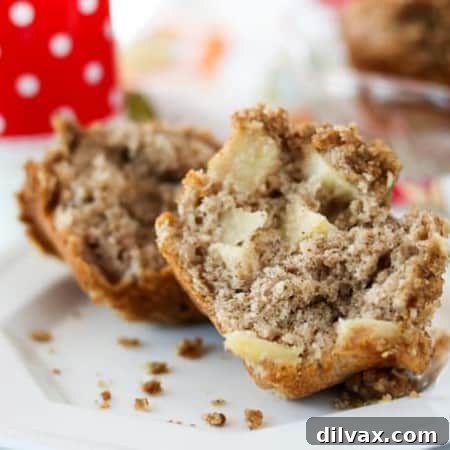 Homestyle Apple Crumble Muffins 2 An open Apple Streusel Muffin, showcasing the moist interior and apple chunks.
