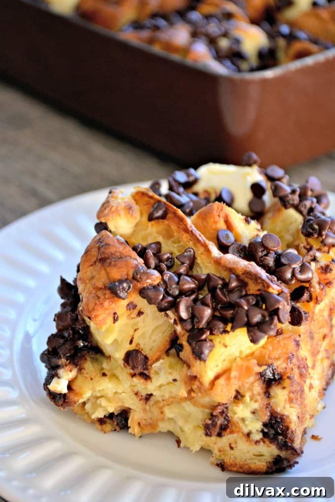 Chocolate Croissant Baked French Toast, a delicious overnight breakfast made with chocolate, croissants, and cream cheese soaked in an egg mixture.