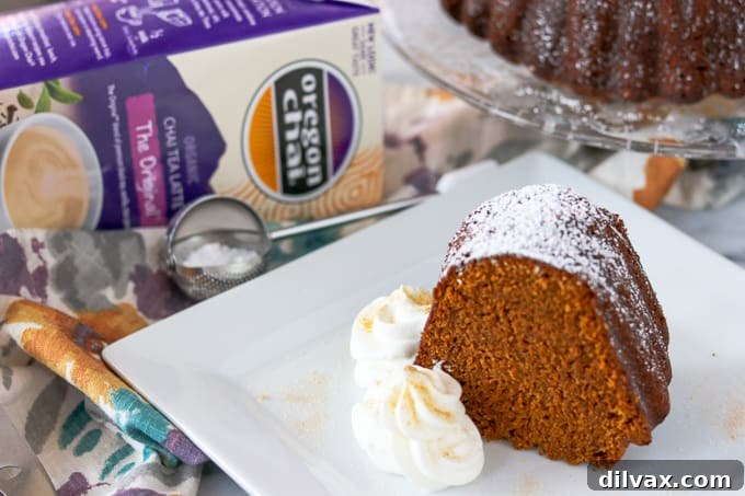 Chai Spiced Pumpkin Cake with Oregon Chai product on side.