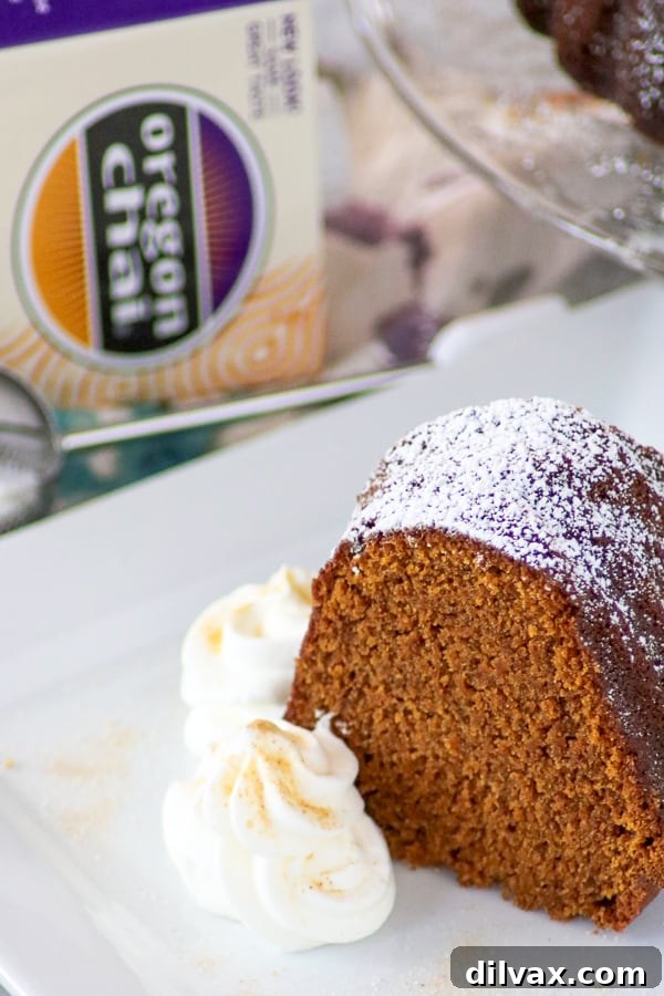 Slice of Chai Spiced Pumpkin Cake with Oregon Chai Concentrate.