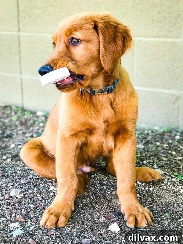 Logan the Golden Dog, a playful Golden Retriever puppy, focused on a plastic cap he's engaging with.