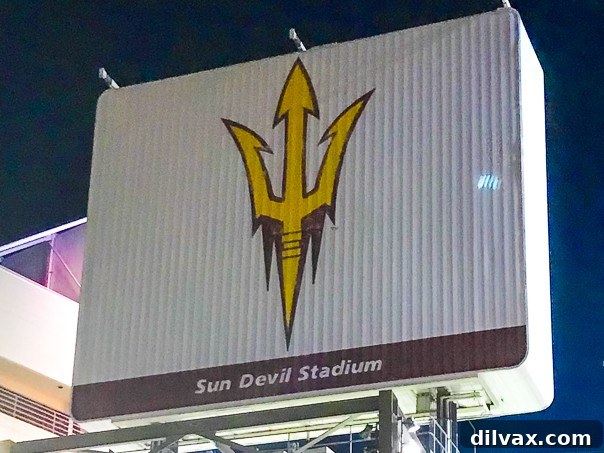 Prominent sign for ASU Sun Devil Stadium, home of the Arizona State University Sun Devils football team.
