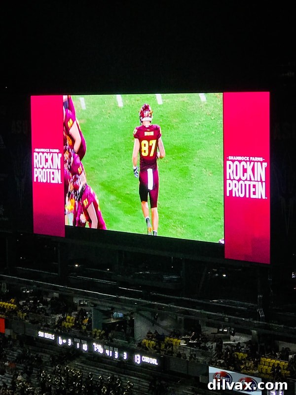 Amped Protein 5 Shamrock Farms Rockin' Protein Ad on ASU Sun Devil Stadium jumbotron.