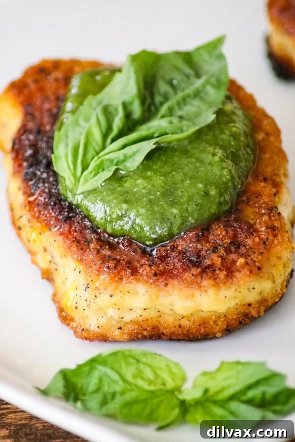 Two Parmesan Pork Chops with a dollop of fresh green pesto on top and a vibrant basil leaf garnish.