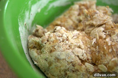 Dough for dog biscuits being mixed by hand, showing a thick consistency.