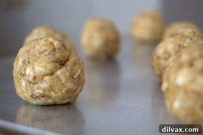 Wag-Worthy Peanut Butter and Oatmeal Dog Biscuits 6 Dog biscuit dough rolled into balls on a baking sheet, ready for flattening.
