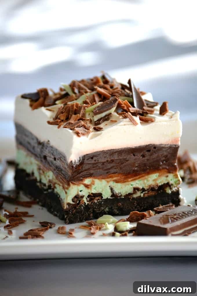 These Chocolate Mint Dream Bars are the perfect No-Bake dessert. The cookie crust, chopped Andes Mints, peppermint, pudding and whipped topping will have everyone swooning!