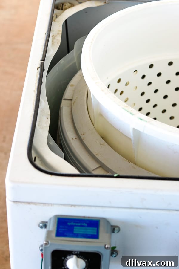 A close-up of one of the repurposed produce spinners at Steadfast Farm, Mesa, AZ, ready for operation.