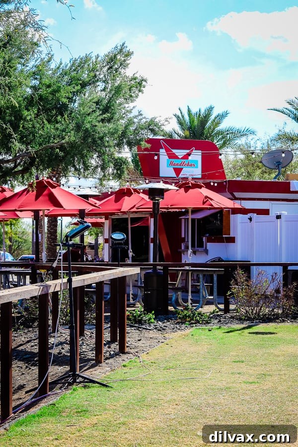 The charming exterior of Handlebar Diner, Mesa, AZ, a local restaurant partnering with Steadfast Farm.