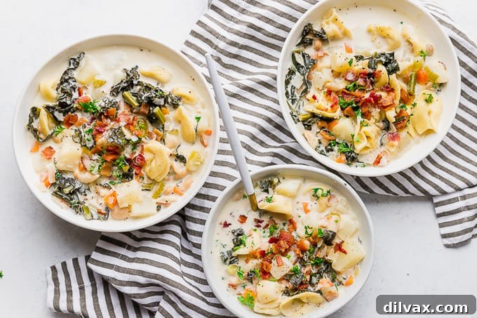 Bowls of One Pot Bacon and Tortellini Zuppa Toscana. Bowls of One Pot Bacon and Tortellini Zuppa Toscana, showcasing a rich and inviting soup.