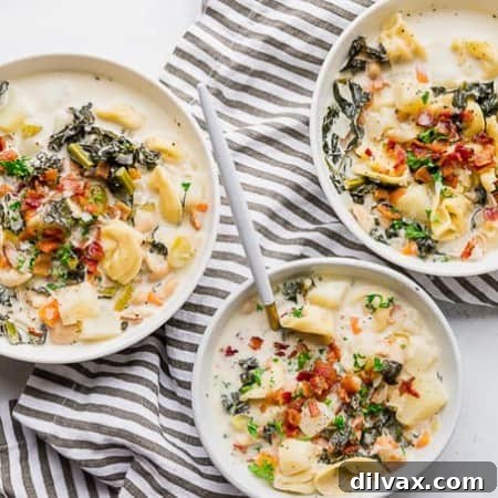 Bowls of One Pot Bacon and Tortellini Zuppa Toscana.