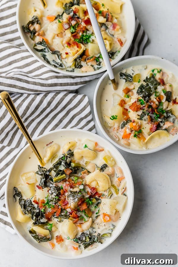 Three bowls of One Pot Bacon and Tortellini Zuppa Toscana. Three bowls of One Pot Bacon and Tortellini Zuppa Toscana, garnished and ready to eat.