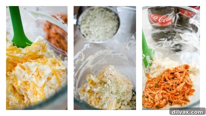 A step-by-step visual guide showing the preparation stages of the Buffalo Chicken Cheese Ball, from mixing to shaping.