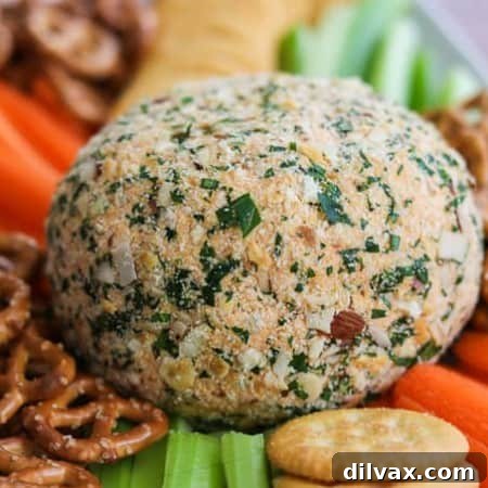 Buffalo Chicken Cheese Ball artfully arranged with a colorful assortment of carrots, celery, crackers, and pretzels for serving.
