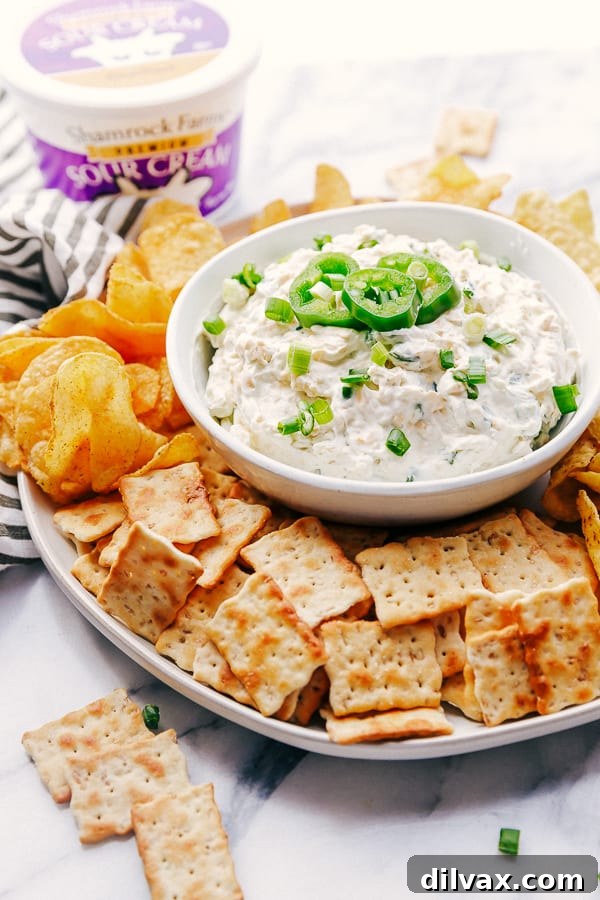 A plate filled with crackers, Chips, Jalapeño Ranch Dip made with Shamrock Farms Sour Cream. A beautifully arranged platter showcasing a generous bowl of creamy Jalapeño Ranch Dip, surrounded by a colorful array of crunchy tortilla chips and various types of crackers, perfect for dipping. The dip's rich texture and vibrant green specks of jalapeño make it an irresistible centerpiece, highlighting the quality of Shamrock Farms Sour Cream used in its preparation.