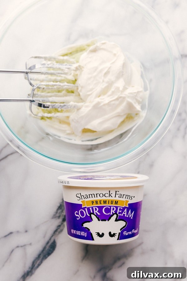 Jalapeño Ranch Dip with Shamrock Farms Sour Cream. A close-up shot of the creamy Jalapeño Ranch Dip, showcasing its smooth texture and the vibrant green specks of jalapeño and herbs. A generous dollop of Shamrock Farms Sour Cream is visible, emphasizing the key ingredient that gives this dip its rich and tangy flavor. The lighting highlights the dip's inviting creaminess and fresh appearance.