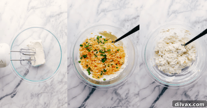 Three pictures of Jalapeño Ranch Dip in the making! A collage of three distinct process shots showing the preparation of Jalapeño Ranch Dip. The first image depicts the initial mixing of cream cheese and sour cream, the second shows the addition of ranch seasoning and shredded cheese, and the third reveals the final blend with diced jalapeños, illustrating the simple steps to creating this delicious appetizer.