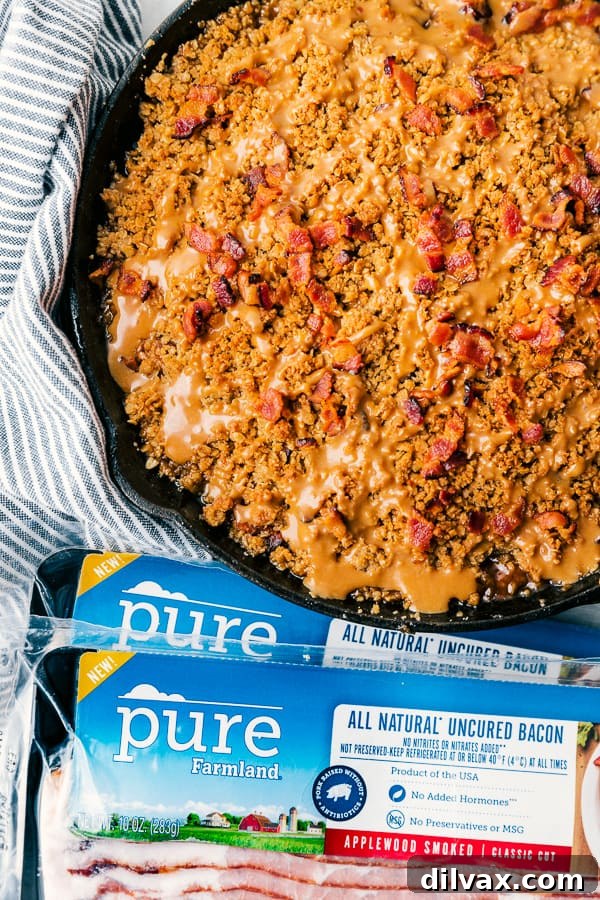 Sweet and Salty Bacon Caramel Apple Crisp 11 Pure Farmland Bacon and a cast iron skillet of Bacon Caramel Apple Crisp, a delightful culinary pairing.