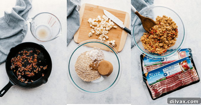 Sweet and Salty Bacon Caramel Apple Crisp 4 A collage of three pictures showing Bacon Caramel Apple Crisp Streusel with Pure Farmland Bacon, highlighting its texture.