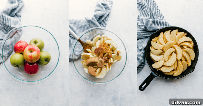 Sweet and Salty Bacon Caramel Apple Crisp 6 Cinnamon-coated apples for Bacon Caramel Apple Crisp, perfectly prepared for baking.