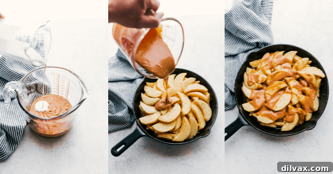 Sweet and Salty Bacon Caramel Apple Crisp 7 Apples coated with bacon caramel for Bacon Caramel Apple Crisp, showing the rich texture.