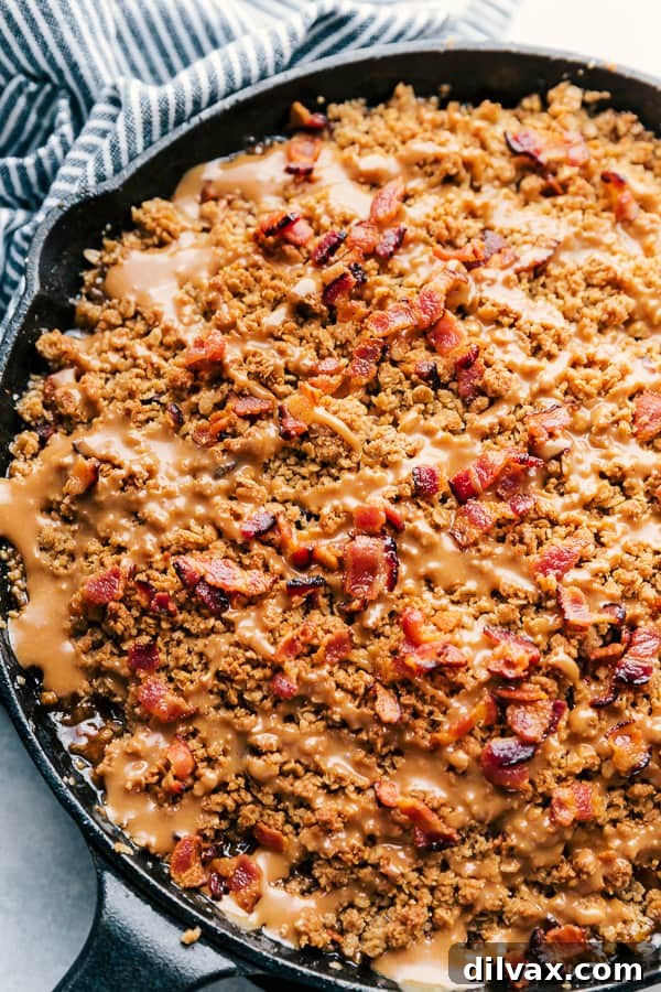 Sweet and Salty Bacon Caramel Apple Crisp 8 Bacon Caramel Apple Crisp Streusel with Pure Farmland Bacon, showing the delicious topping.